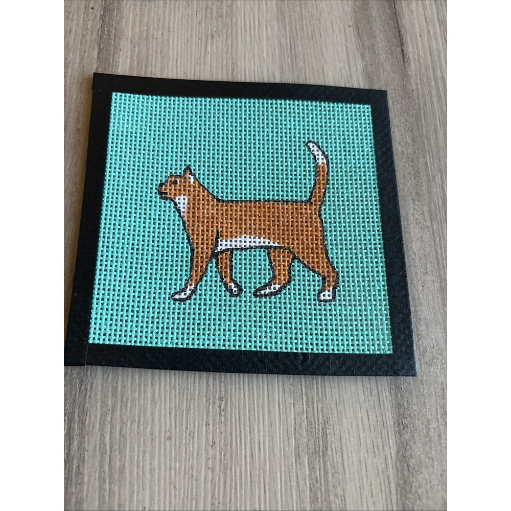 Handpainted‎ Needlepoint Canvas Orange Cat Teal Background 5" x 5" 13 Mesh